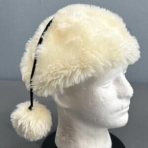 VTG 70s Faux Fur Winter Hat Tassel Pom Pom White Elastic Band Hipster Ski Lodge